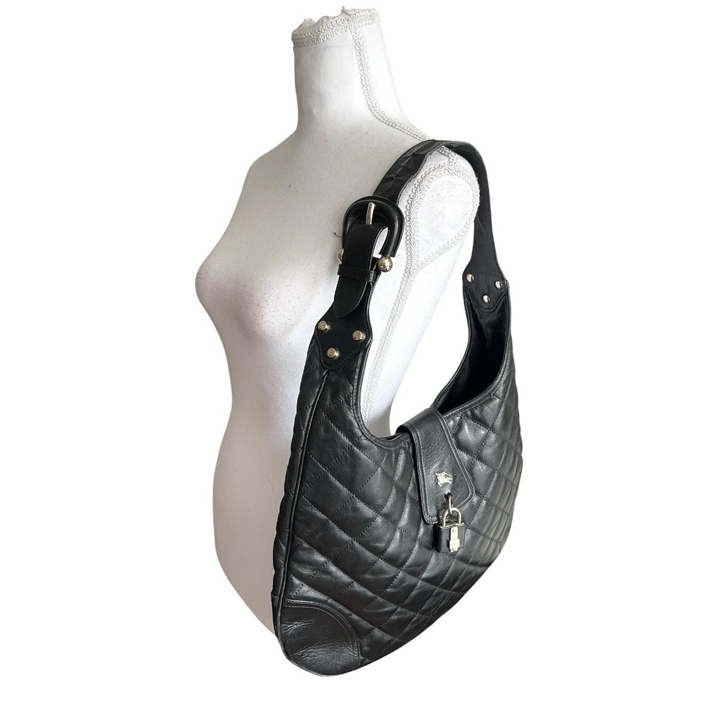 Y2K Burberry Brooke Padlock Black Quilted Leather Hobo Handbag Purse Equestrian - Picture 4 of 16